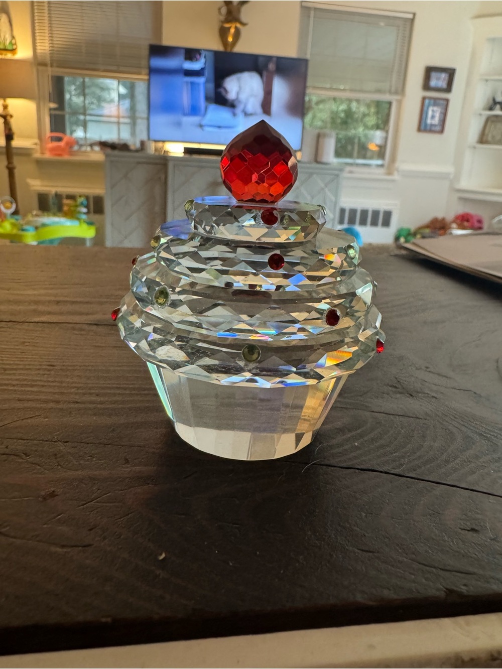 Crystal Cupcake Figurine Paperweight w/ Red Cherry & Jewel Sprinkles